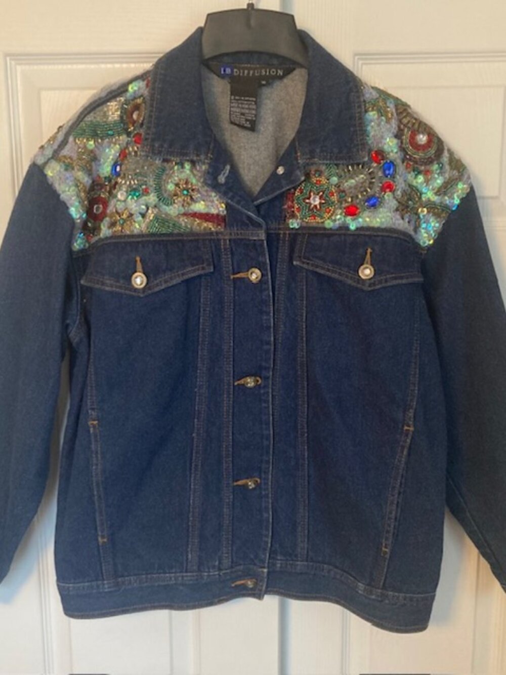Vintage 1991 I.B. Diffusion Sequin Beaded Denim Jacket with Pockets Size 10